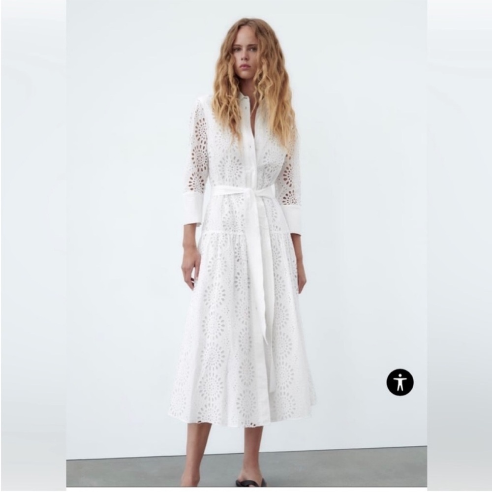 NWT ZARA BELTED SHIRTDRESS SIZE M Midi dress  Tied self belt embroidered eyelet